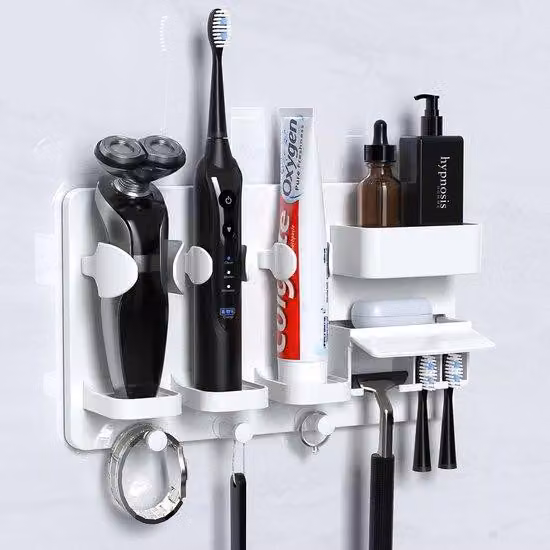 Supporti per spazzolini elettrici - Supporti per spazzolini elettrici senza foratura, adesivi multifunzionali da parete per spazzolini da denti per bambini, supporti da parete per il bagno, in ABS, 3 ganci, 2 contenitori