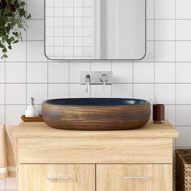 Lavabo da appoggio ovale in ceramica vidaXL multicolore marrone e blu L: 59 cm, P: 40 cm, H: 14 cm