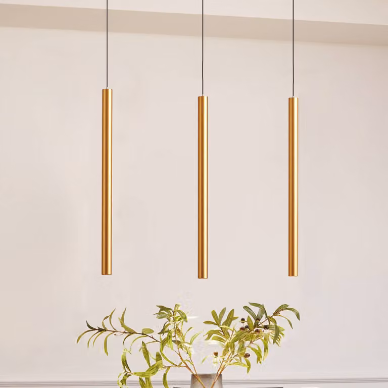Sistema a binario 48V Lumaro, pendente, lampadina tubolare, 3 luci, oro, CCT Lumaro Lindby, dimmerabile, Soggiorno / Sala da pranzo, Metallo, Moderno