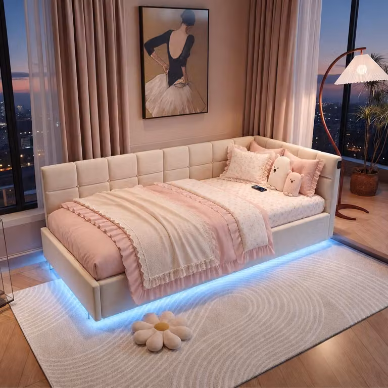 Letto imbottito INONEFT, divano letto 90x200 cm con LED e USB, letto per ragazzi con cassettone a sollevamento idraulico, letto singolo, rivestito in tessuto morbido, senza materasso, color beige