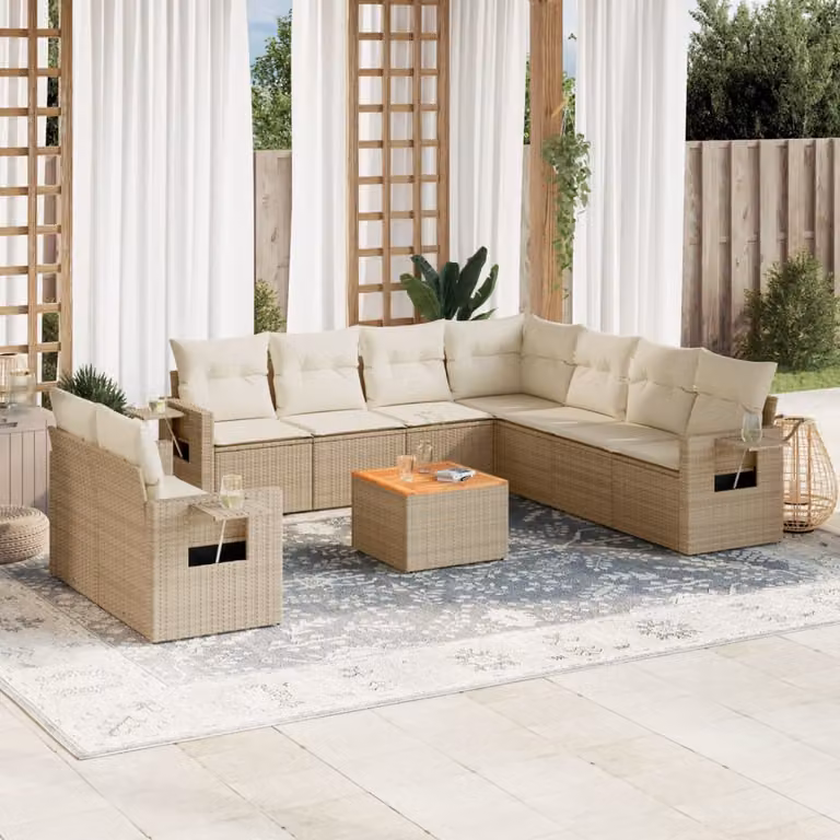 vidaXL Set Divano da Giardino 10 pz a Forma di L in Polyrattan con Cuscini Beige e Tavolino da Esterno