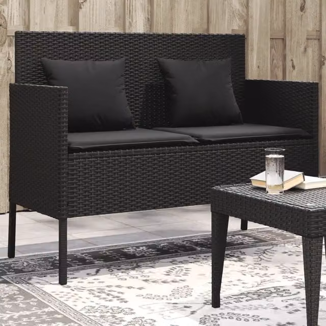 Panca da giardino moderna vidaXL in polyrattan nera con cuscini L: 113 cm, P: 61 cm, H: 87 cm – 1