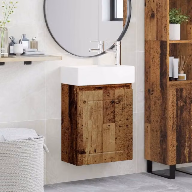 Mobile bagno sospeso vidaXL in legno e ceramica con rubinetto, colore bianco e marrone, L: 45,5 cm, P: 25,5 cm, H: 84 cm – 1