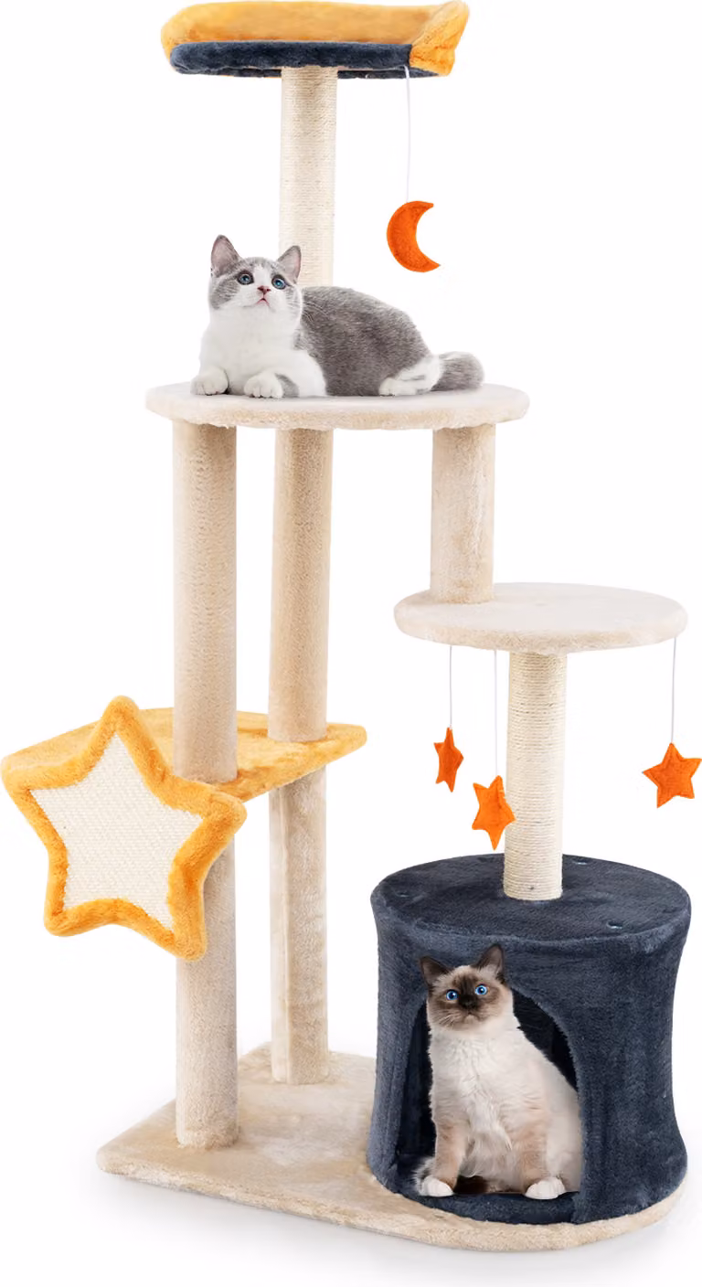 COSTWAY Tiragraffi a 5 livelli, albero per gatti con grotta per gatti, sedile in peluche, giocattolo appeso e palo in sisal, mobili per gatti, simpatico albero da arrampicata