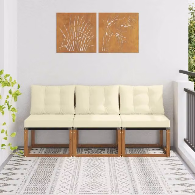 Divano modulare da esterno beige con struttura in legno di acacia e rivestimento in tessuto, set di 3 pezzi centrali per giardino, balcone o terrazza – 1