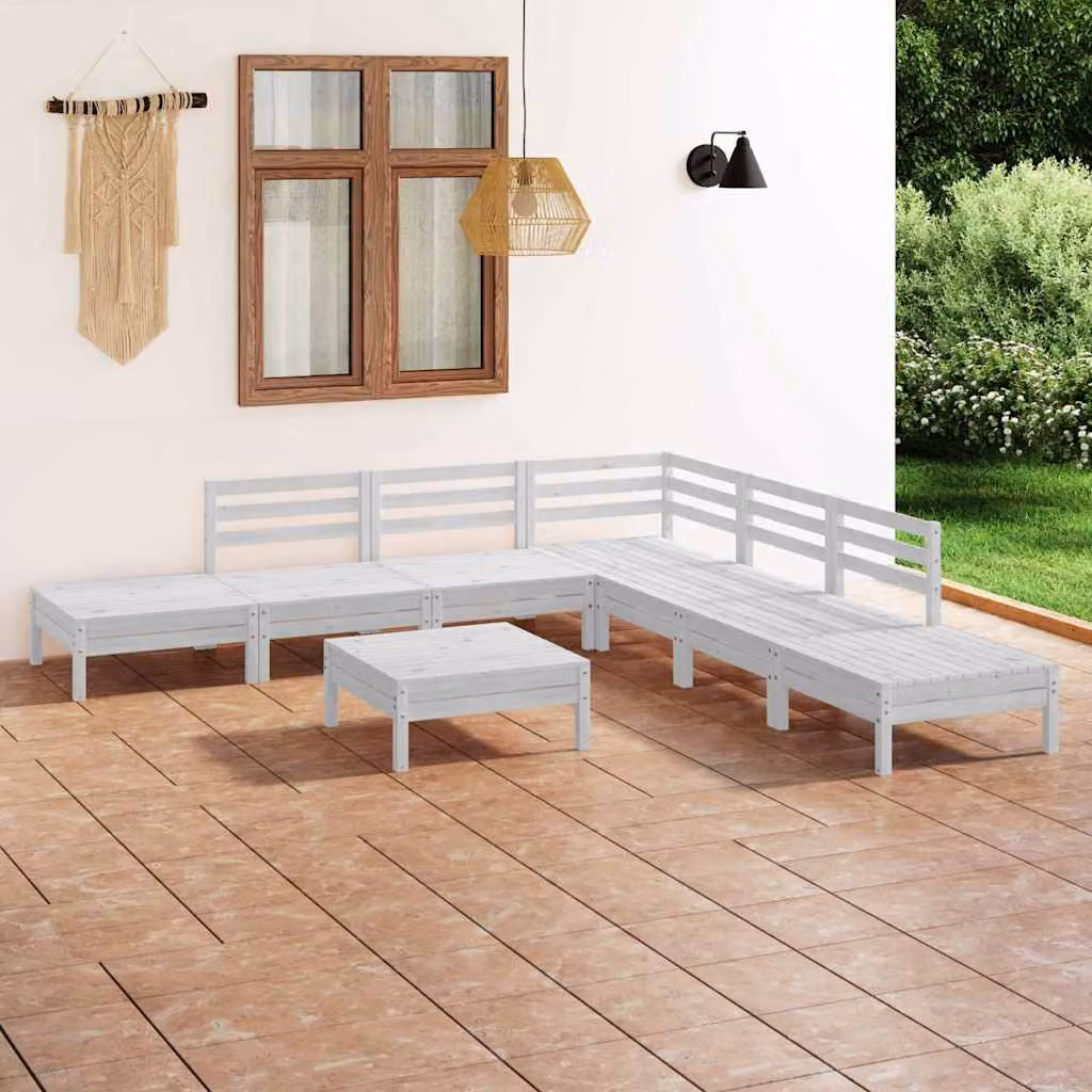 vidaXL Set Salotto da Giardino 8 pz in Legno di Pino Bianco con Cuscini e Forma a L