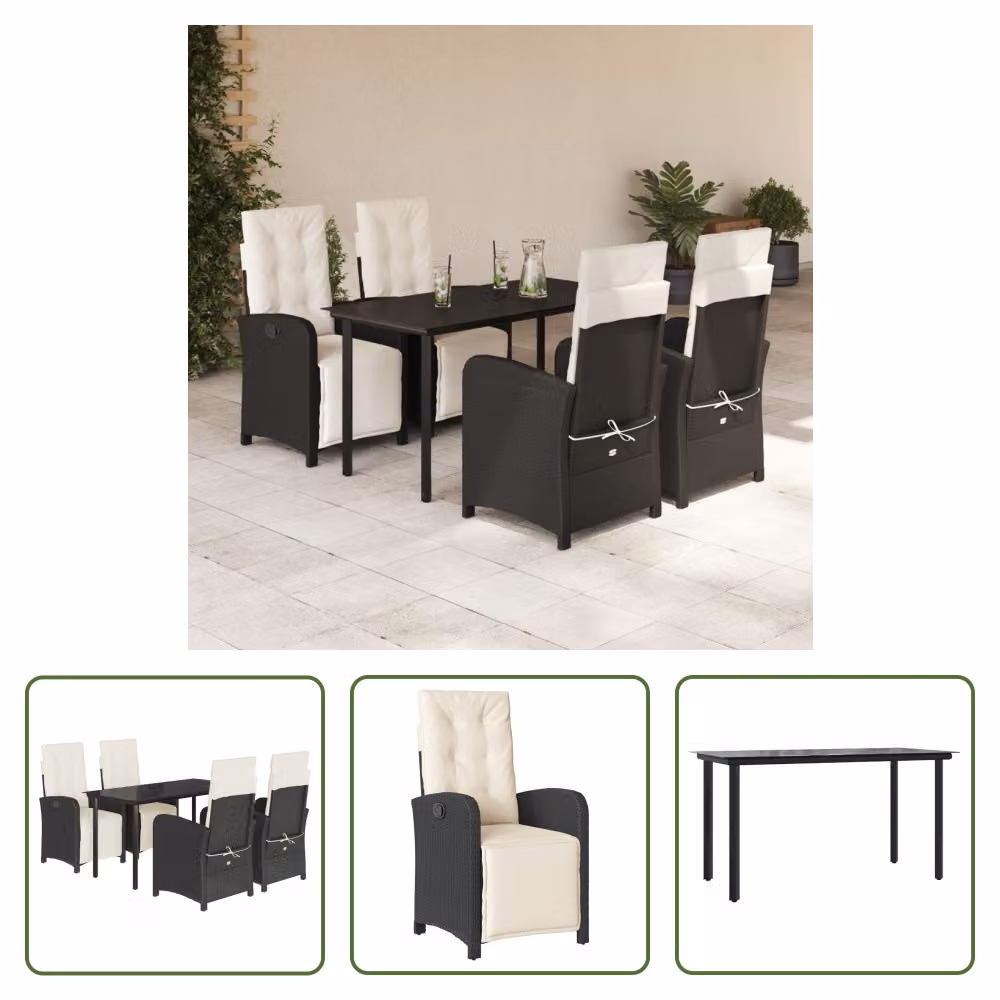 The Living Store Set da pranzo da giardino 5 pezzi con cuscini in poly rattan nero