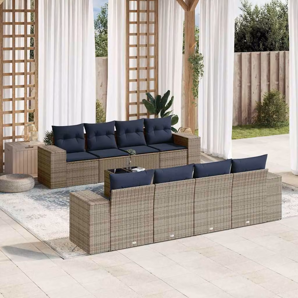 Set Divani da Giardino vidaXL 9 pz in Polyrattan Grigio con Cuscini e Tavolino da Esterno a Forma di U