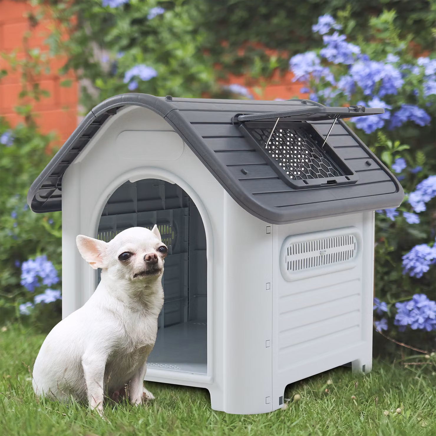 Cuccia per cani 'Bello' con botola sul tetto 87 x 72 x 75 cm in plastica bianco/grigio