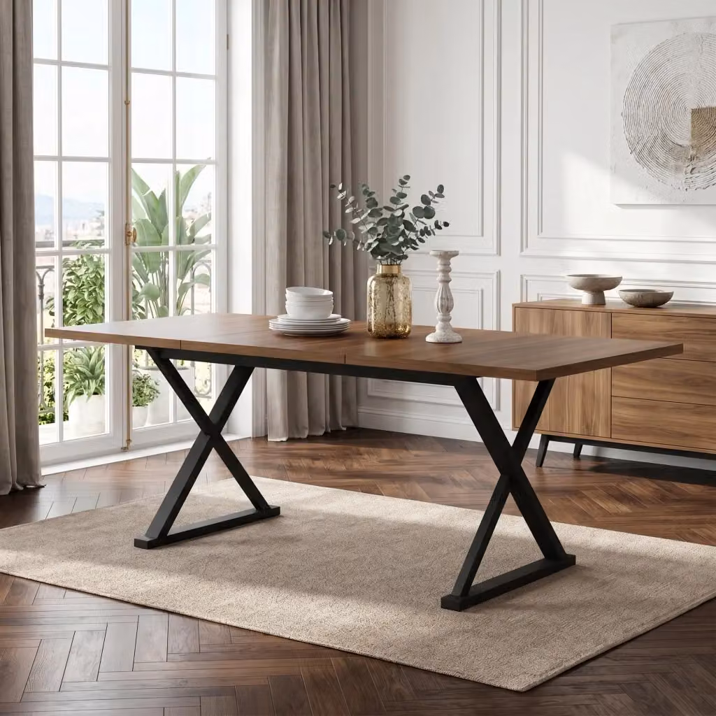 Tavolo da pranzo moderno Mivray rettangolare in MDF laminato color marrone con gambe in metallo a X L: 180 cm, P: 90 cm, H: 75 cm – 2