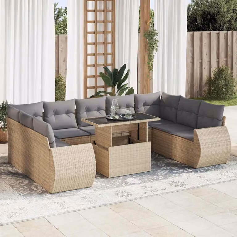 Set Divano da Giardino vidaXL 10 Pezzi in Polyrattan Beige con Cuscini e Tavolino da Caffè
