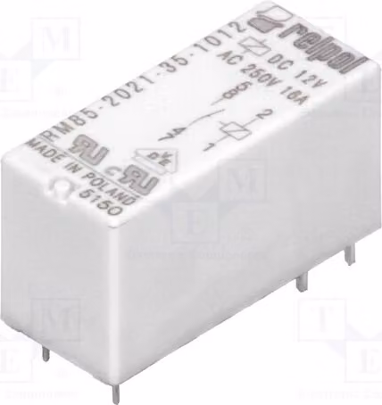 1 relè: elettromagnetico. Bobina: 12 VDC, 16 A / 250 VAC. Codice prodotto: RM85-2021-35-1012. Elettrico