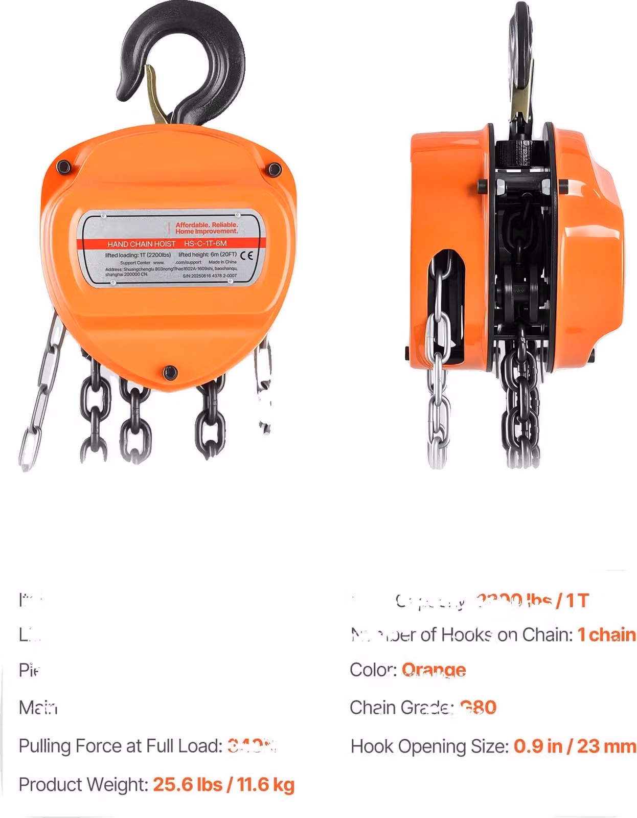 Paranco a catena manuale, elevata capacità di carico, sistema frenante di sicurezza, 1T 20FT