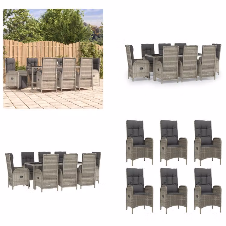 vidaXL Set da pranzo da giardino 9 pezzi con cuscini in poly rattan grigio - Set da pranzo da giardino - Set da pranzo da giardino - Set da pranzo da terrazza
