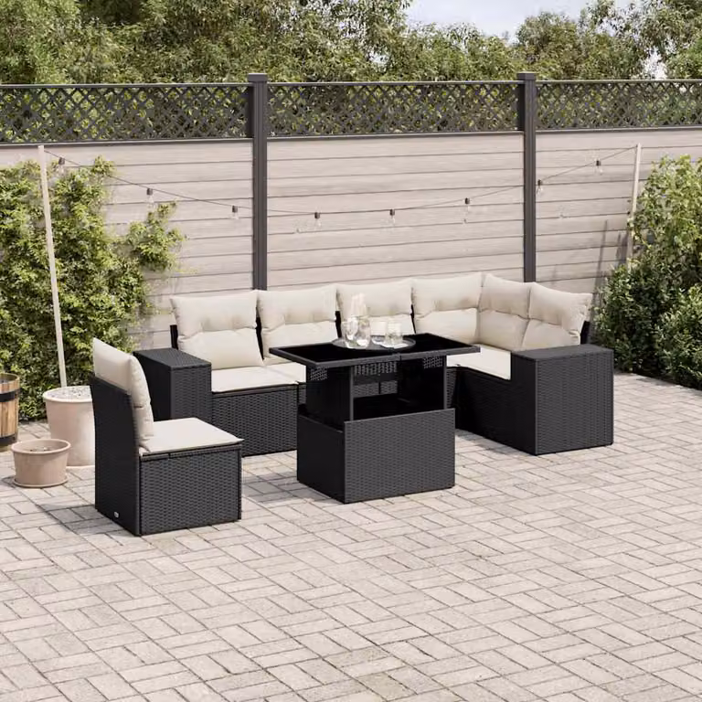 Set di Divani da Giardino a L vidaXL in Polyrattan Nero con 7 Cuscini e Tavolino