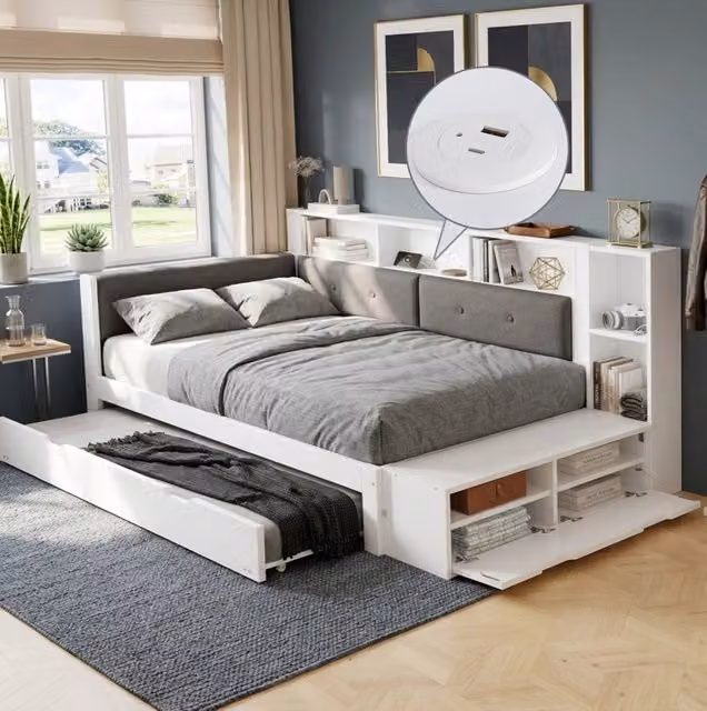 Letto singolo 120x200 cm in legno e tessuto con letto estraibile 90x190 cm; vani portaoggetti; bianco e grigio