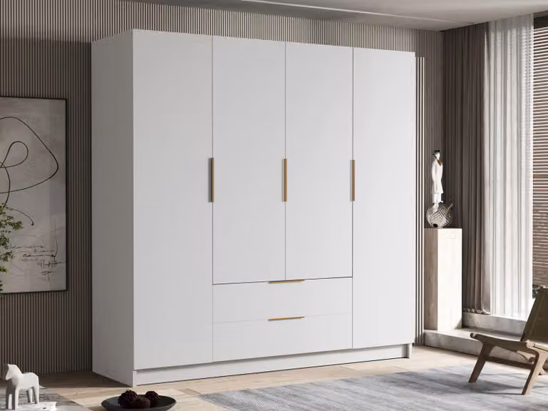 MIRJAN24 Armadio Sofia I 200, camera da letto, armadio ad ante battenti, con appendiabiti, moderno, guardaroba, maniglie in metallo (colore: bianco + oro)