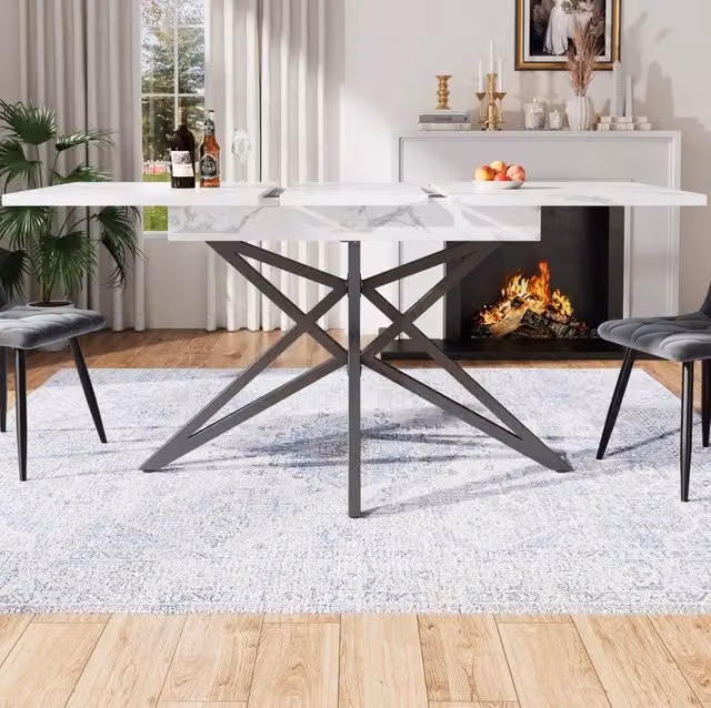 Tavolo da pranzo allungabile 120-160x80 cm con gambe a stella in metallo nero e piano in MDF effetto marmo