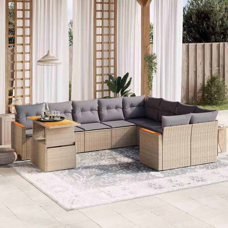 vidaXL Set Divano da Giardino 10 pz a L in Polyrattan con Cuscini Beige e Grigio
