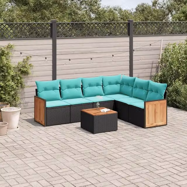 Set Divani da Giardino 7 pz con Cuscini Nero in Polyrattan 3227688
