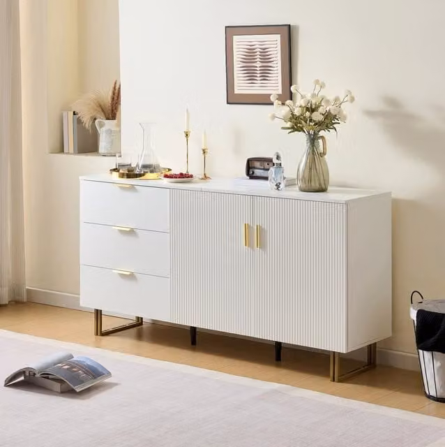 Credenza ULEVR 160x40x81,5 cm con 2 ante e 3 cassetti, mobile contenitore in MDF bianco con gambe in acciaio