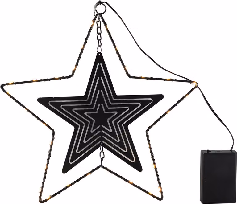 Stella LED in metallo nera da appendere con timer - 30 cm - Stella decorativa illuminata in bianco caldo