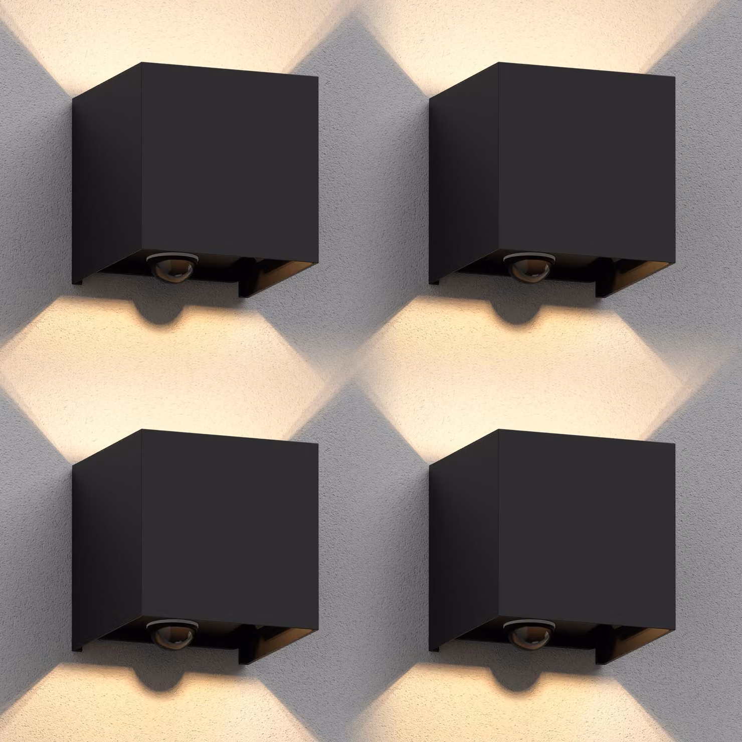 ledscom.de - 4 lampade da parete modello CUBEL per esterni, grado di protezione IP65, con luce direzionale verso l'alto e verso il basso, sensore di movimento, colore nero opaco, forma quadrata, 1 attacco G9 max. 10W – Con sensore di movimento / Monofiamm