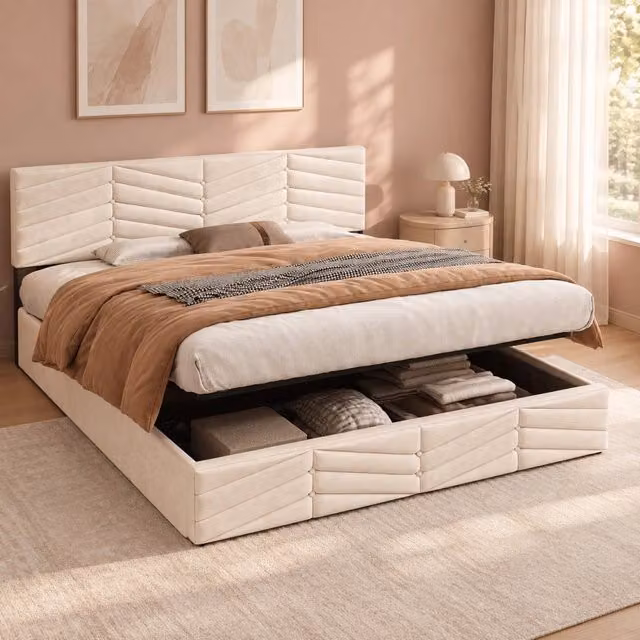 Letto matrimoniale imbottito con contenitore idraulico in velluto beige 160x200 cm, testiera regolabile in altezza