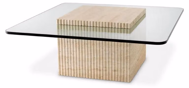 Casa Padrino Luxury Travertine Coffee Table Beige 90 x 90 x H. 35 cm - Tavolo da soggiorno quadrato in pietra naturale con piano in vetro - Mobili Soggiorno - Mobili - Arredamento