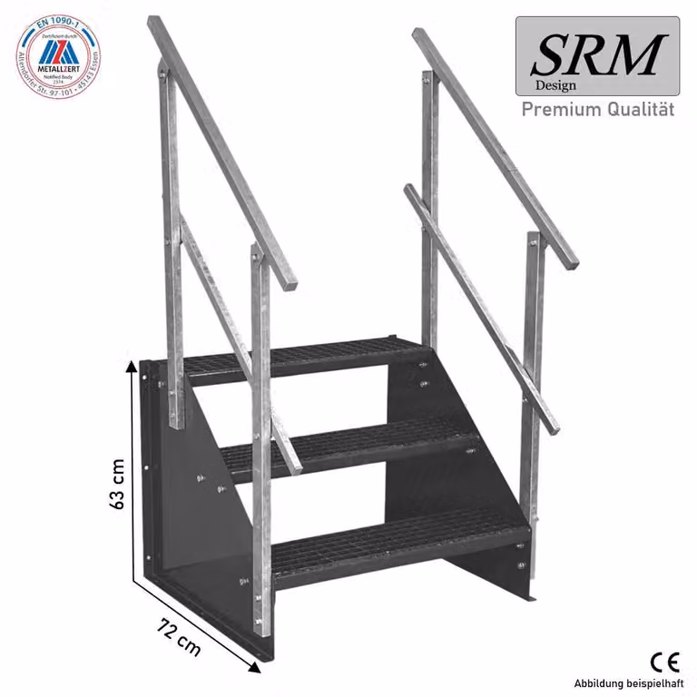 Scala a 3 gradini, larghezza 70 cm, altezza gradini 63 cm, autoportante, completamente antracite, con 2 ringhiere