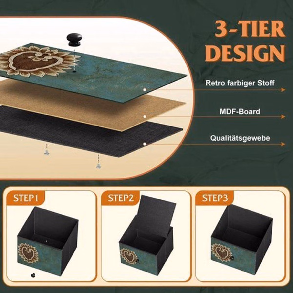 Comodino per cameretta con 5 cassetti, in legno, con stampa vintage, in stile retrò, ideale anche per il soggiorno