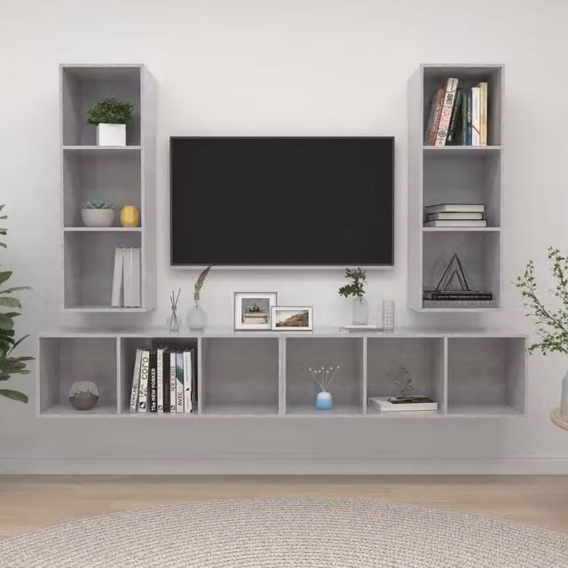 Mobile TV a Parete 4 pz-Set di 4 Mobile TV a Muro Grigio Cemento in Truciolato 102274