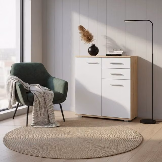 Commode Komodee in stile scandinavo con 2 cassetti e 2 porte, colore bianco e quercia, L: 69 cm, H: 74 cm, P: 34 cm
