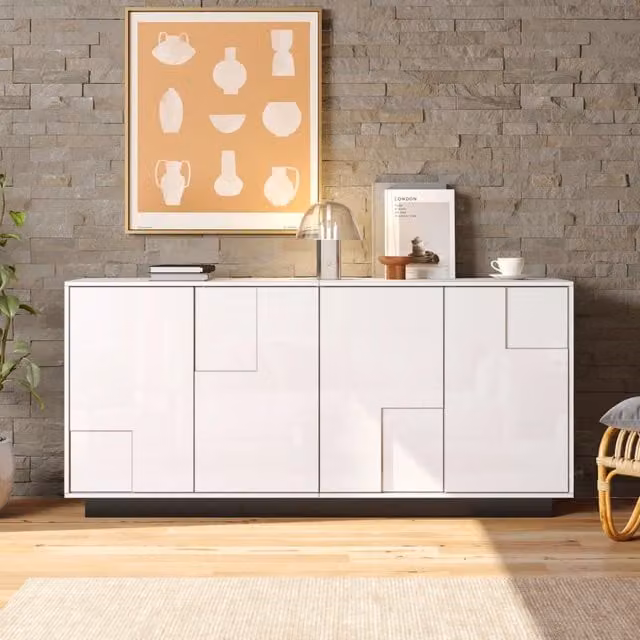 Sideboard bianco e nero con 4 ante in pannelli truciolari, 160x37x75,5 cm, design geometrico lucido