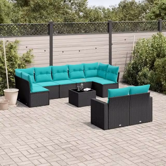 Set Divani da Giardino 10 pz con Cuscini Nero in Polyrattan 3219417