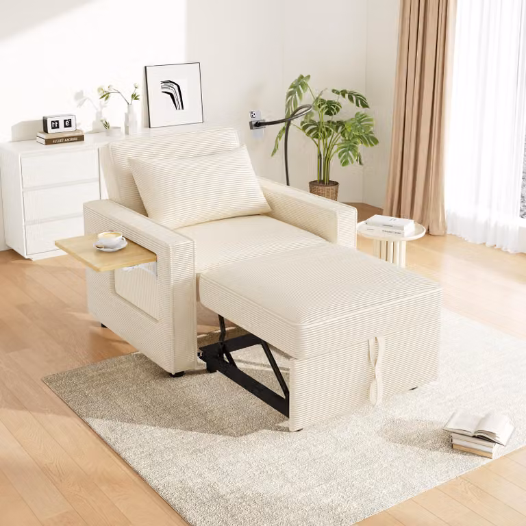 okwish Letto pieghevole con porta USB, poltrona relax con funzione sonno, poltrona relax pieghevole con porta cellulare, Beige
