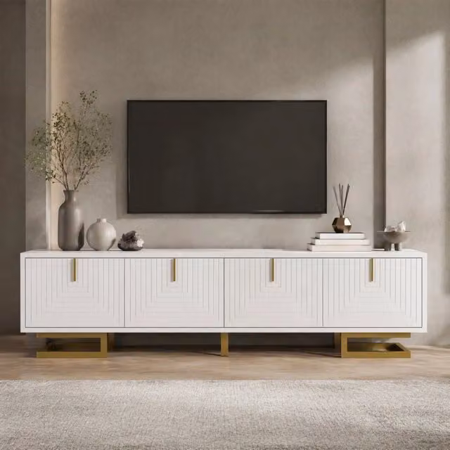 Mobile TV REDOM moderno bianco con 4 ante e gambe oro L: 160 cm, P: 38 cm, H: 44,5 cm