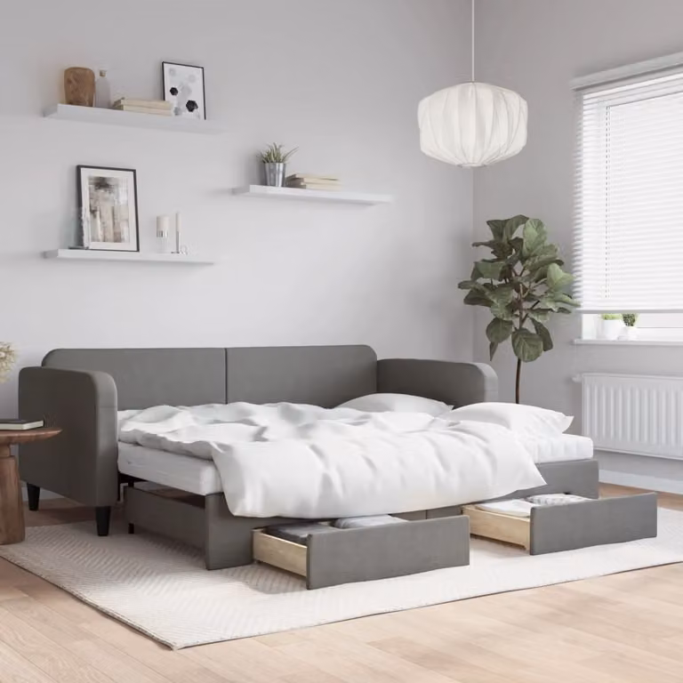 vidaXL Divano Letto Estraibile con Cassetti in Tessuto Grigio L/P/H: 223 x 90 x 75 cm