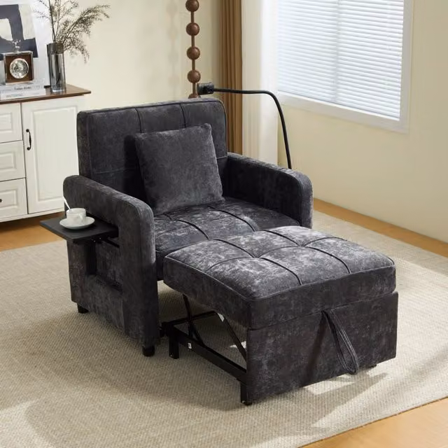 Poltrona letto singola trasformabile 2 in 1 in ciniglia grigia; 167x79x83 cm