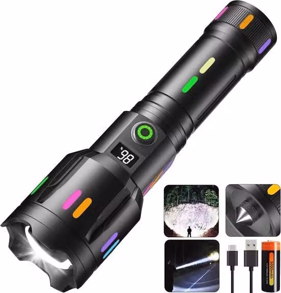 Lanterna LED Ricaricabile 6000 Lumen con Indicatore di Potenza e 6 Modalità di Illuminazione, Impermeabile IP67 e Zoomabile, Colore Nero
