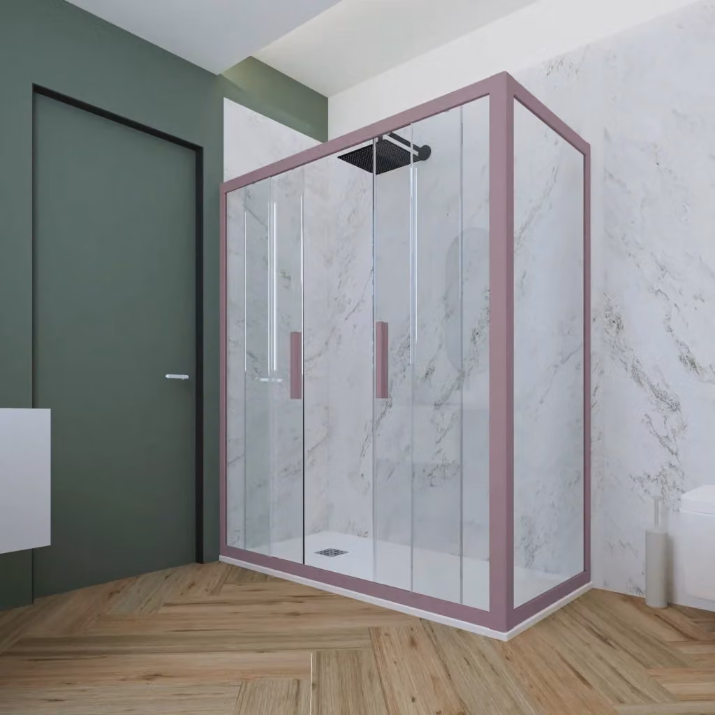 Box doccia rettangolare Glam Duo FORTE con 2 ante scorrevoli in vetro trasparente e profilo colore lavanda L: 140 cm, P: 80 cm, H: 200 cm – 2