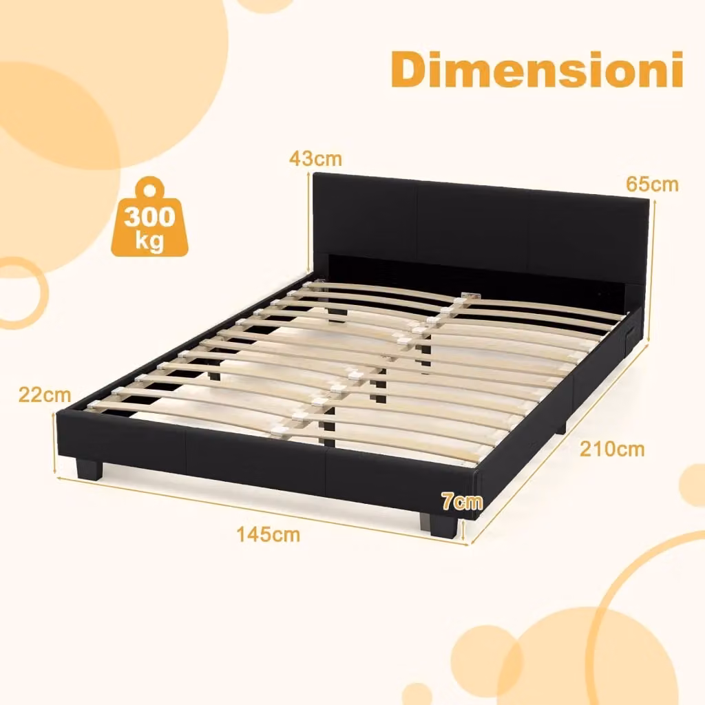 Letto Matrimoniale Costway in Legno con Testiera Imbottita, Illuminazione LED Sotto il Letto e Telecomando, Nero, 140x200 cm – 2