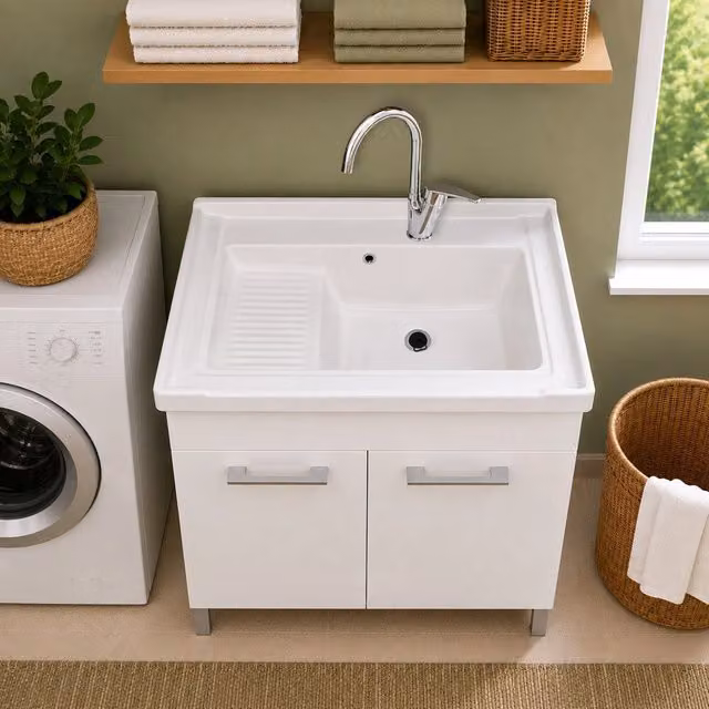Mobile lavatoio INBAGNO bianco con vasca in ceramica e ante a battente L: 80 cm, P: 50 cm, H: 79 cm