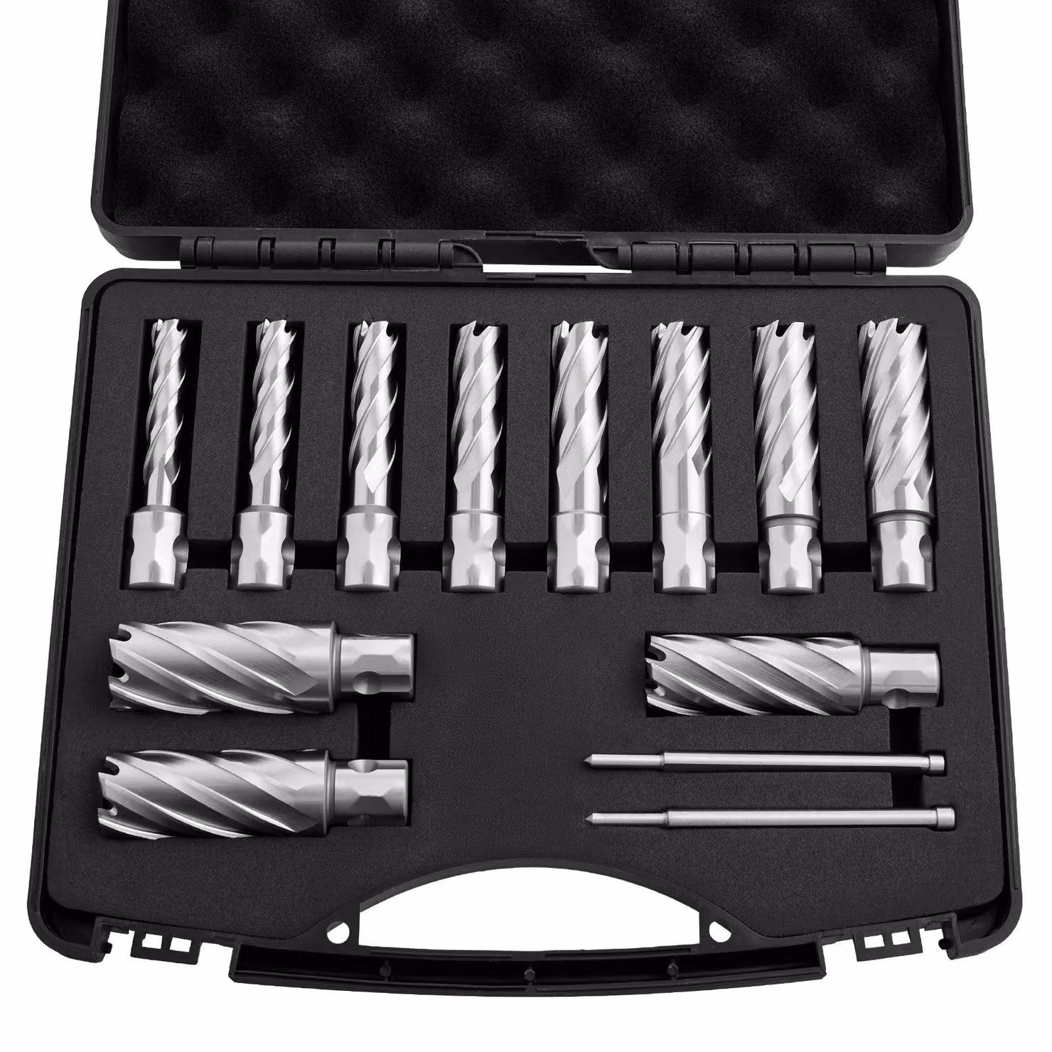 Set di punte da trapano a tazza HSS - Attacco Weldon - 13 pezzi - Diametro da 11,11 a 26,98 mm - Profondità di taglio 50,8 mm - 11 punte + 2 punteruole - Con custodia in plastica - Adatto per trapani magnetici