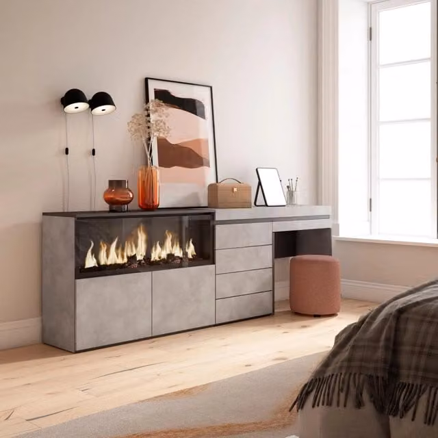 Tavolo da toeletta, 234x35x75cm, Con cassetto, Camino elettrico XXL, Cassettiera, grigio cemento RF3466