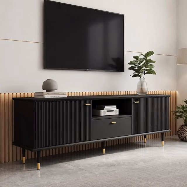 Cassettiera TV moderna KOMHTOM in MDF e metallo nera L: 170 cm, P: 36 cm, H: 54 cm