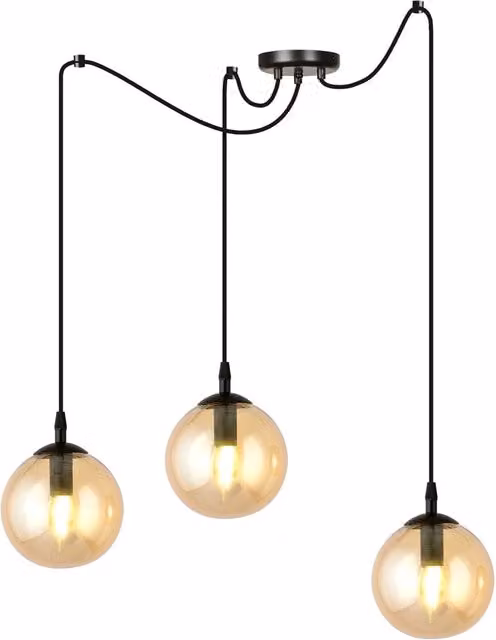 Lampadario a sospensione Luceart-Classic con 3 luci a sfera in vetro ambra e metallo nero