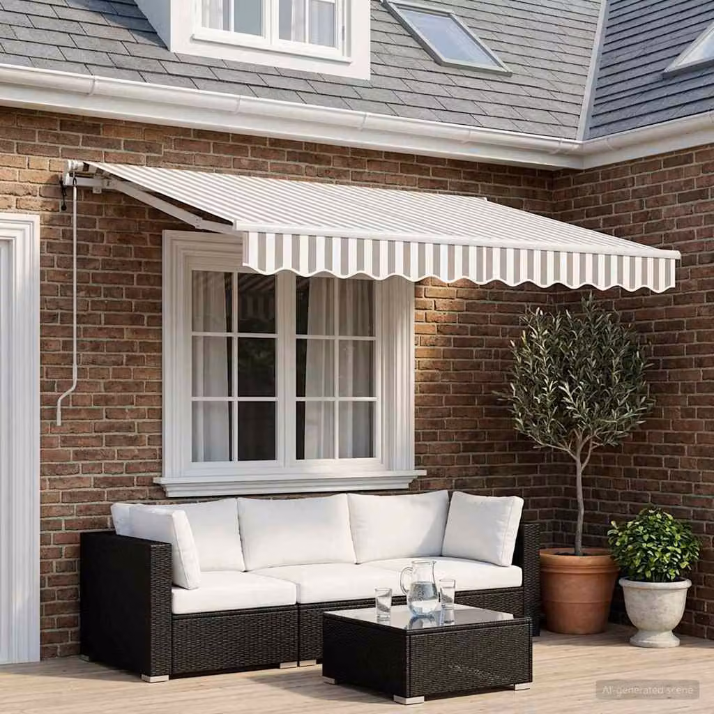 Tenda retrattile vidaXL con bracci pieghevoli e telecomando, Grigio chiaro e bianco, Poliestere, L: 300 cm, P: 250 cm