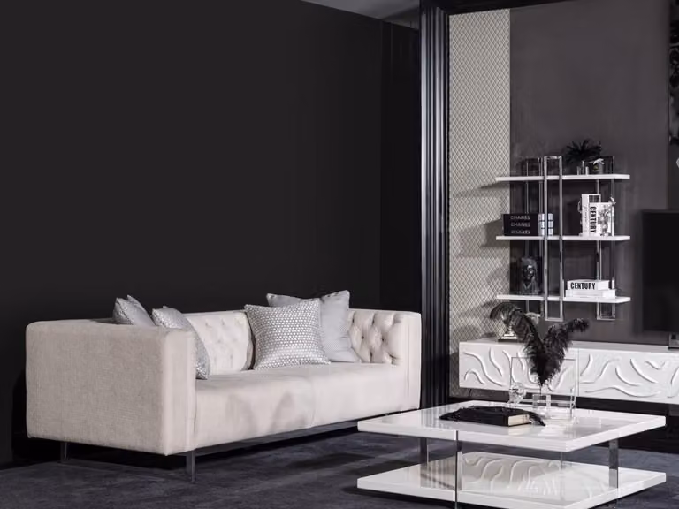 Beige Holz Textil Sofa und Couchtisch Set modern