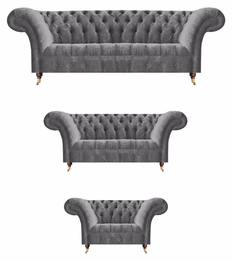 Stilvolle Chesterfield Garnitur Graue Sofas Designer Sessel Luxus Möbel